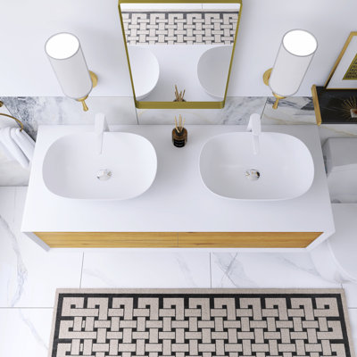 55 In. Stylish Wall-Mounted Bathroom Vanity With Ceramic Basin