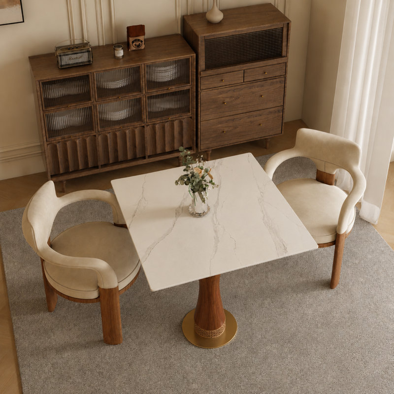 Table carrée de 84 cm en bois massif avec accents en tissage Kato et texture marbrée, Blanc; gris
