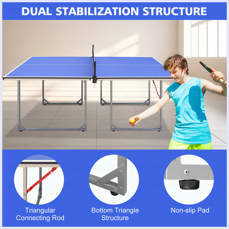 Table de ping-pong de taille moyenne 6 pi, ensemble de table de ping-pong pliable et portable pour les jeux d'intérieur et d'extérieur avec filet, 2 raquettes de tennis de table et 3 balles (pieds de table argentés)