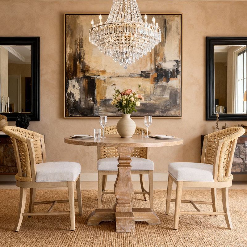 Farmhouse Round Rubberwood Dining Table, Seats 4–6, Tan