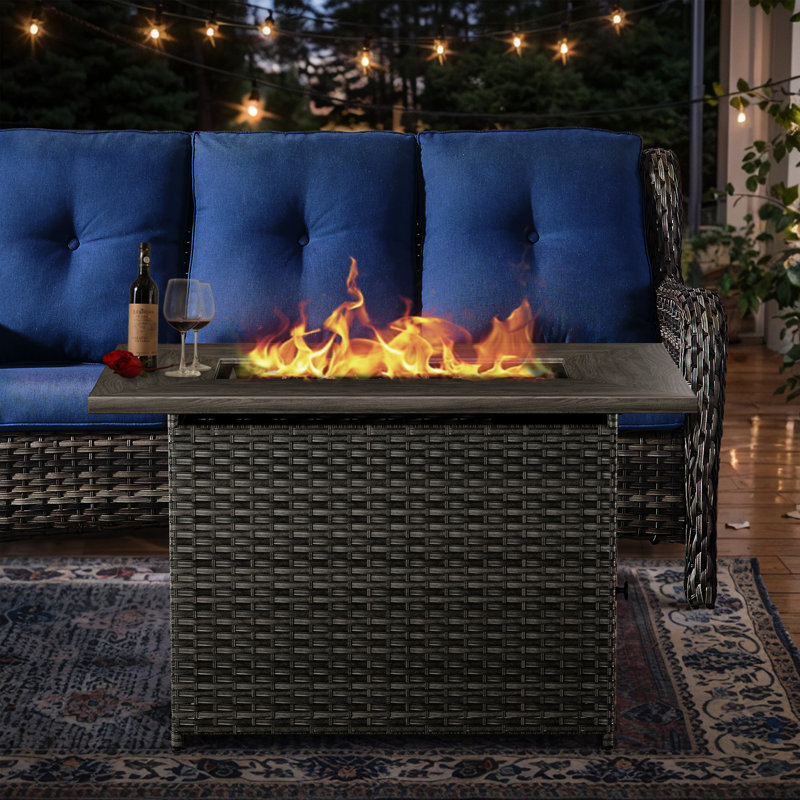 Table de foyer d'extérieur au gaz propane de 41 po - 55 000 BTU, flammes réglables, finition grain de bois et rotin PE, parfaite pour les patios et les terrasses, comprend des pierres de lave