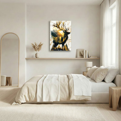 Ensemble de 1 tableau sur toile tendue représentant une silhouette de cerf dans un paysage de montagne