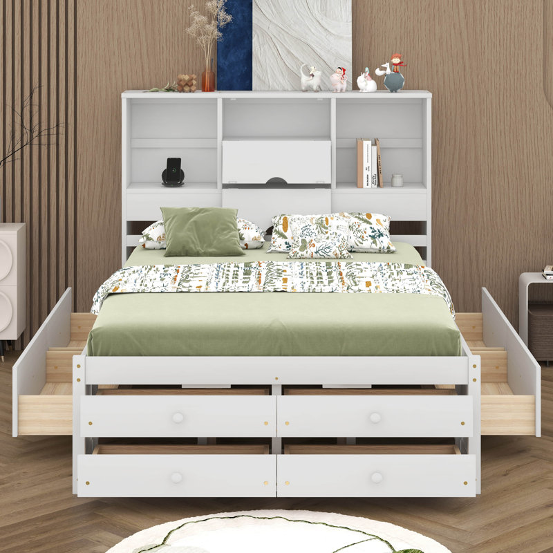 Platform Bed with Storage Headboard And 8 Drawers, Queen, White