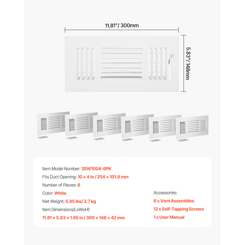 Grilles de ventilation au sol 4 x 10 pouces, lot de 6, grilles de ventilation en fer à 3 directions pour murs et plafonds de maison/bureau, déflecteur d'air antirouille et anti-écaillage réglable avec registre métallique, blanc