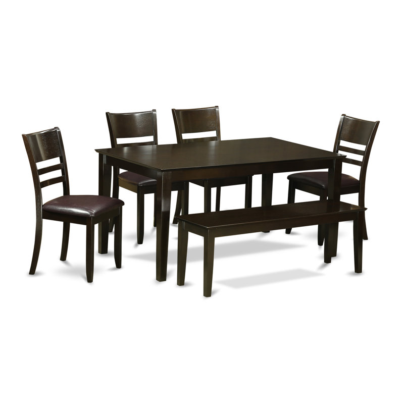 6 Piece Dining Set Contains a Rectangle Dining Room Table and 4 Faux Leather Kitchen Chairs with a Bench, Cappuccino