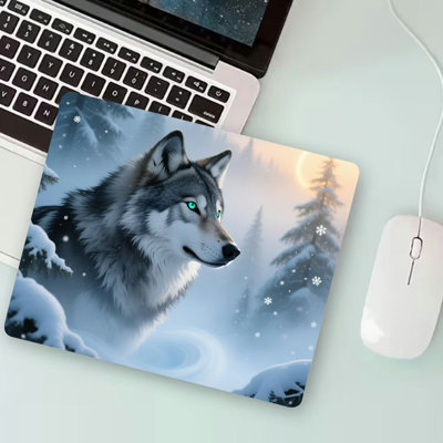 11.81×27.56inch Black And White Wolf Blue Forest Fast Drying Washable Premium Mousepad Personalized Hard Desk Mat with Non-Slip Base for Gaming and Office