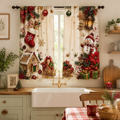2Pcs Christmas Snowman Gingerbread House Curtains, Festive Winter Holiday Patterned Light Filtering For living room bedroom Kitchen Rod Pocket Window Drapes
