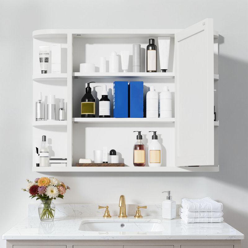 White Wooden Surface Mount Medicine Cabinet with Mirror Adjustable Shelves
