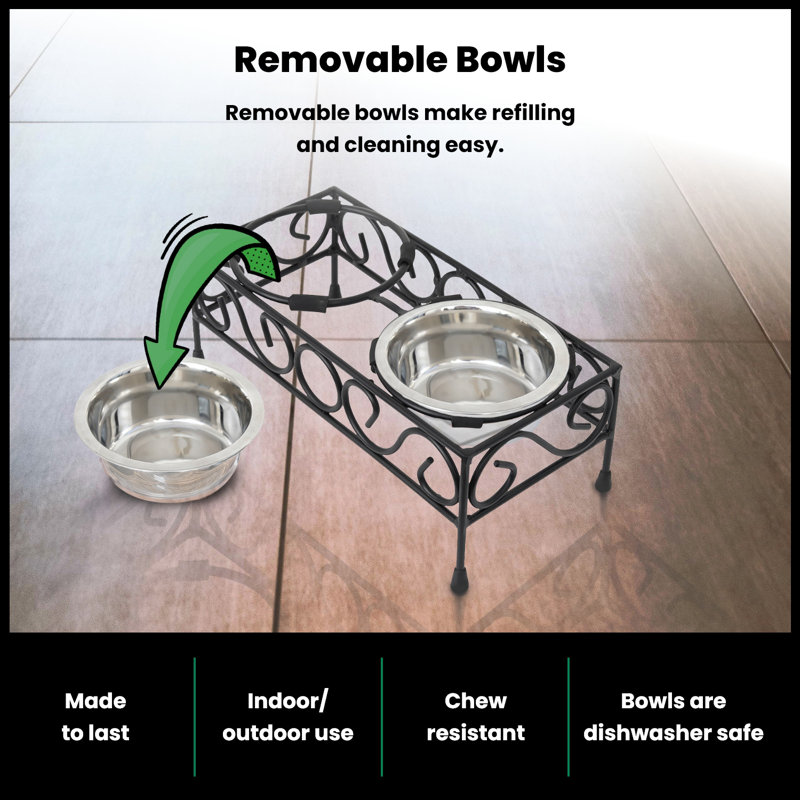 Elevated Black Wrought Iron Double Diner with Stainless Steel Bowls