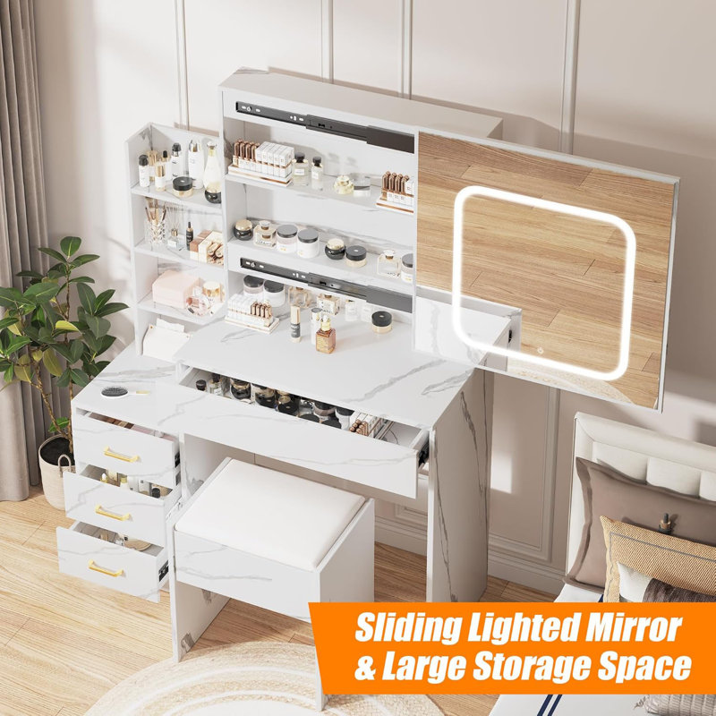 Vanity Desk with Mirror and LED Lights, Makeup Vanity Desk with Sliding Lighted Mirror, Dressing Table Set with Stool & 4 Drawers, Storage Shelves