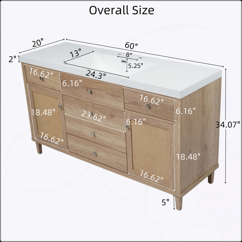 Meuble-lavabo de 60 po avec lavabo SMC, armoire de rangement moderne, tiroirs à fermeture en douceur, portes en rotin et pieds en pin