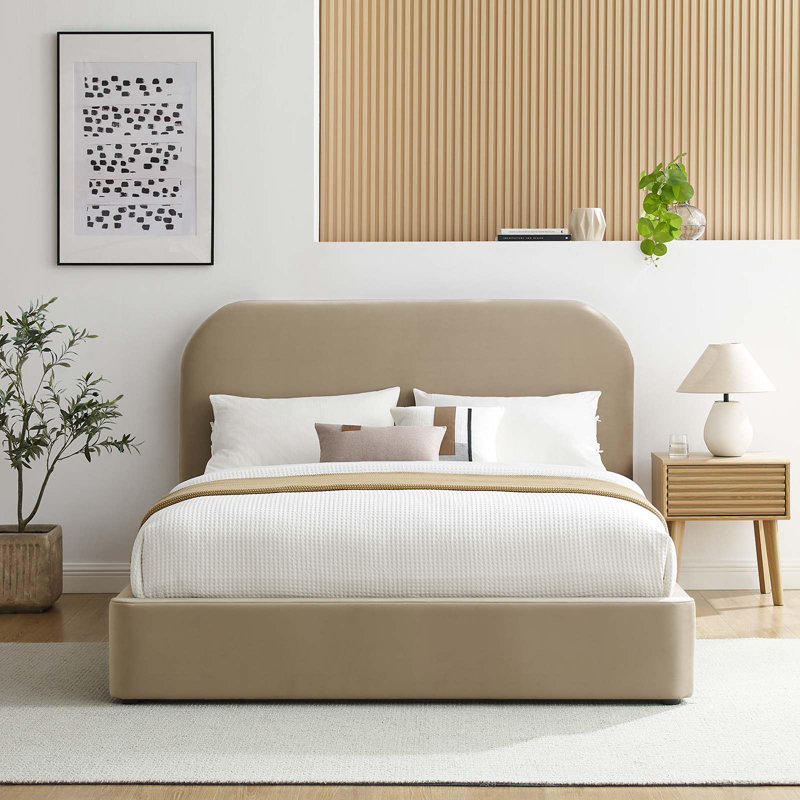 Grand lit plateforme tapissier Barella, Taupe, Grand