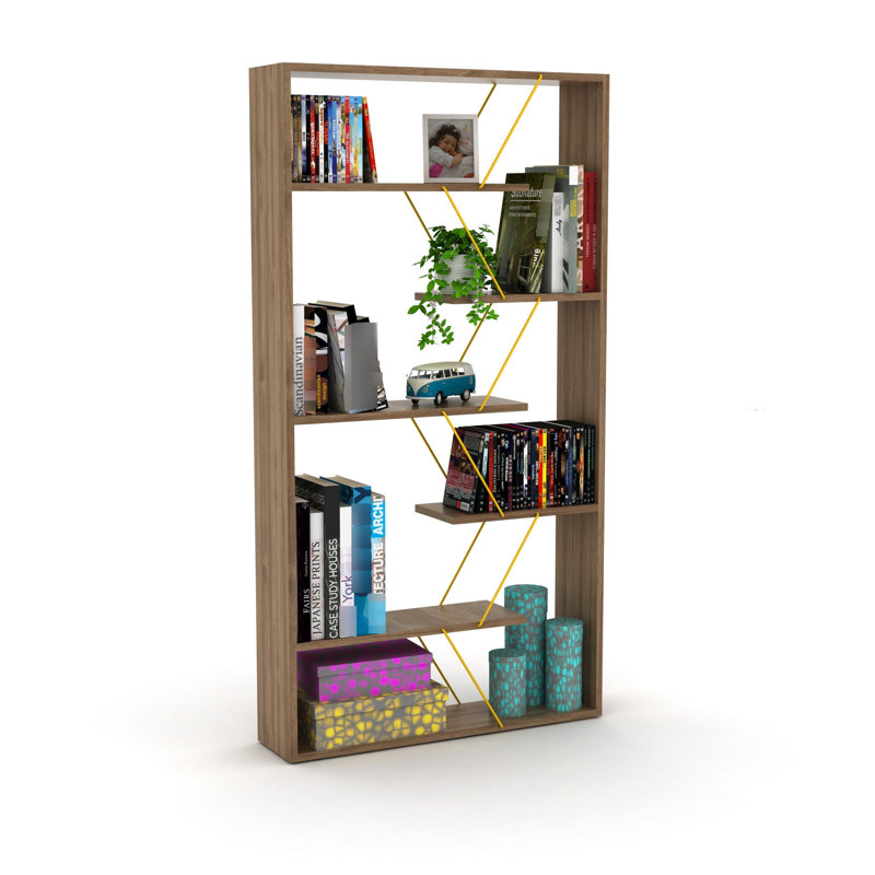 Noyer / bois massif jaune - bibliothèque à 6 tablettes pour bureau à domicile, Noyer / jaune