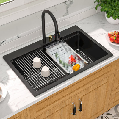 Évier de cuisine en quartz avec station de travail à cuve simple encastrable en quartz avec accessoires L 33 po x l 22 po Quartz