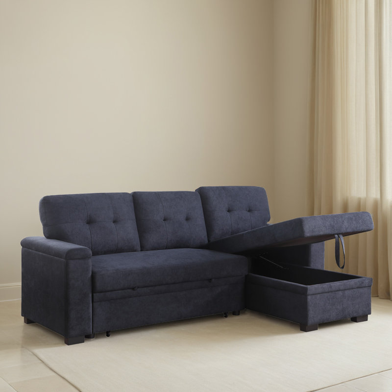 84.62" Pull Out Reversible Sleeper Sectional Sofa Bed with Storage Chaise, Dark Grey Polyester