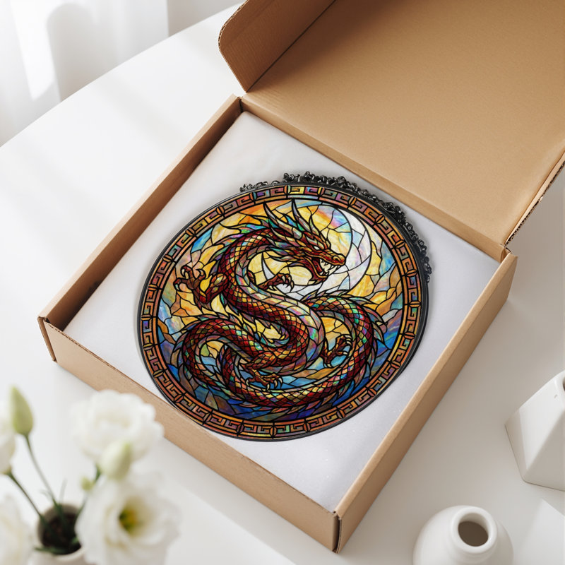 12"H Dragon Pattern Stained Glass Window Panel, 12" H x 12" W