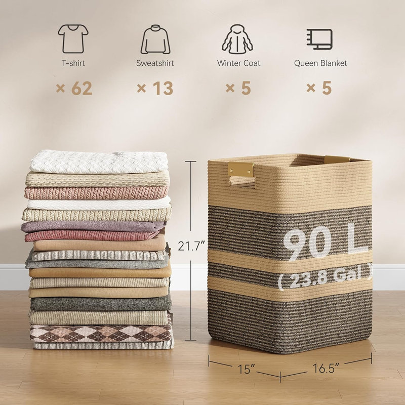 Grand panier à linge tissé avec poignées en cuir - Organisateur de rangement en corde de coton naturel pour vêtements, jouets, couvertures et oreillers | Bac pliable multi-usage pour chambre de bébé, chambre à coucher, salle de lavage