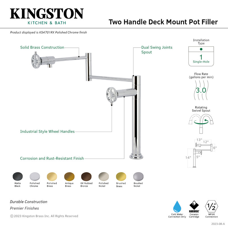 Kingston Brass Belknap Two-Handle 1-Hole Deck Mount Pot Filler Faucet, Polished Brass