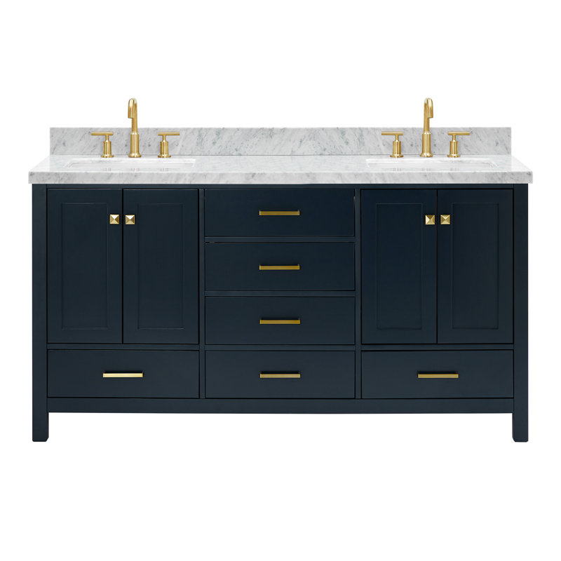 Cambridge 67'' Double Bathroom Vanity with Carrara Marble Top, Midnight Blue / Satin Brass