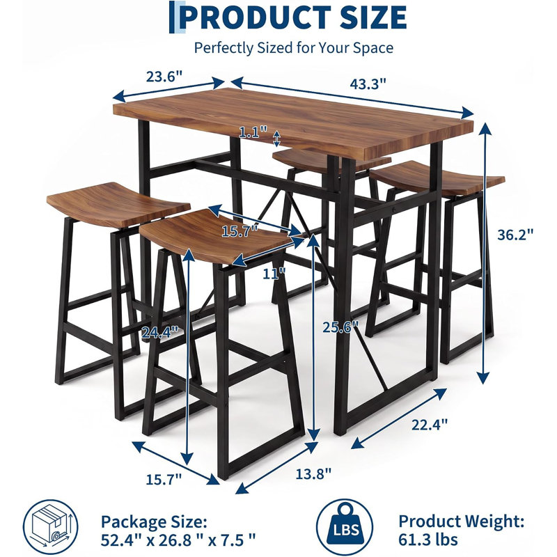 Ensemble de table et de chaises de style industriel, avec 4 tabourets, Noyer