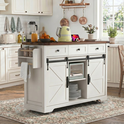53.7" White Farmhouse Rolling Kitchen Island with Power Outlet, Drop Leaf, Spice Rack & 2 Sliding Barn Doors
