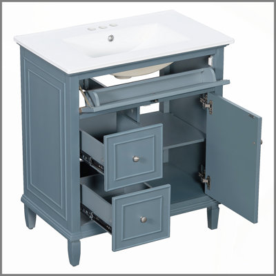 Meuble-lavabo 30 po avec lavabo, meuble-lavabo avec un tiroir rabattable et deux tiroirs, tablette réglable, bois massif et panneau de fibres à densité moyenne, bleu gris