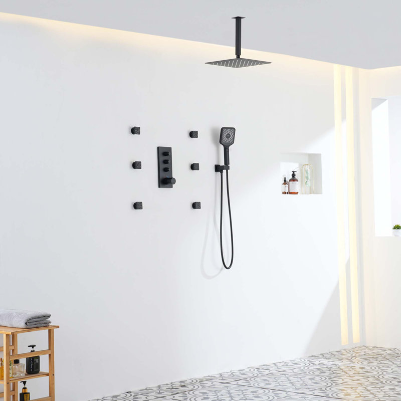 Système de douche thermostatique à 3 fonctions 12 po avec pomme de douche carrée, Noir