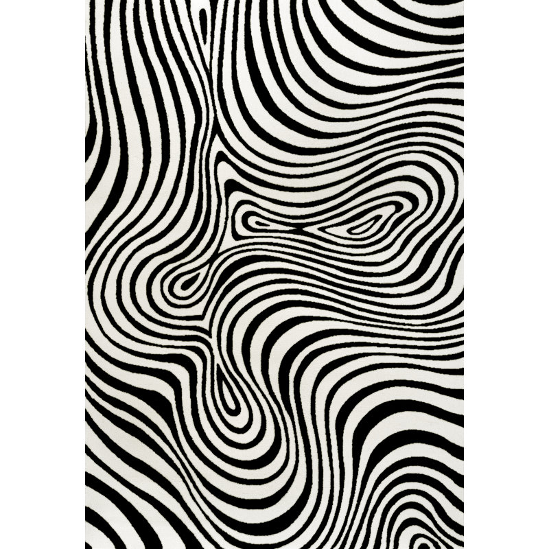 Maribo High-Low Abstract Groovy Striped Black/White Rug, Rectangle 5'3" x 7'7"