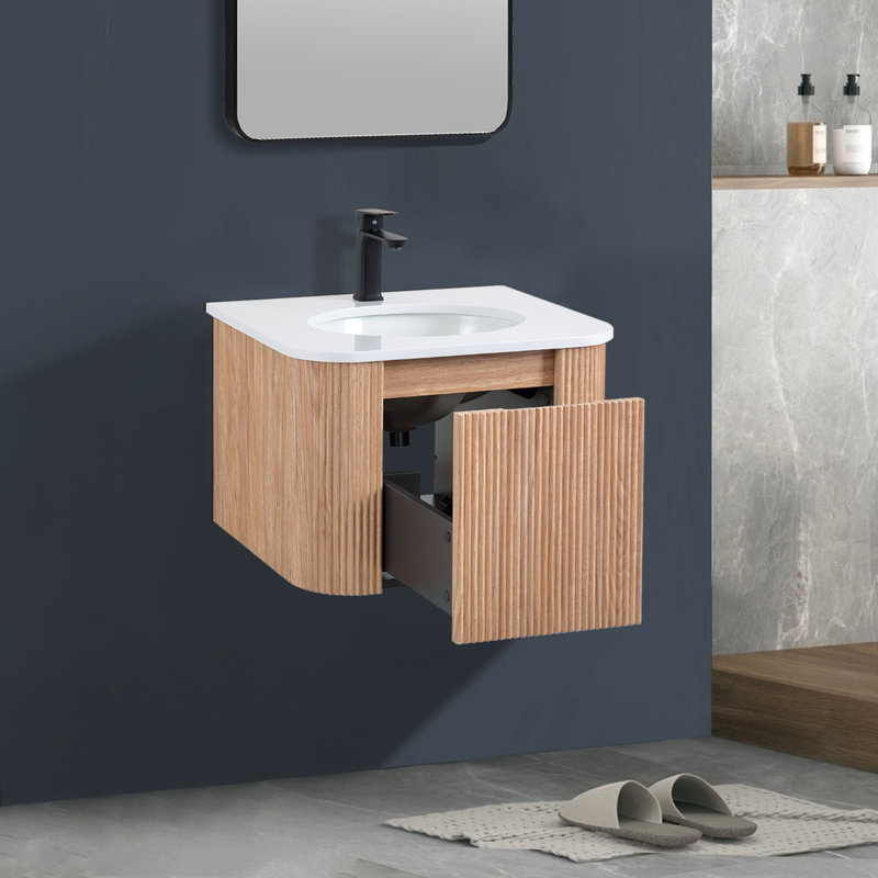 Meuble-lavabo mural de salle de bain avec lavabo, meuble-lavabo flottant avec tiroirs à fermeture en douceur, 24"