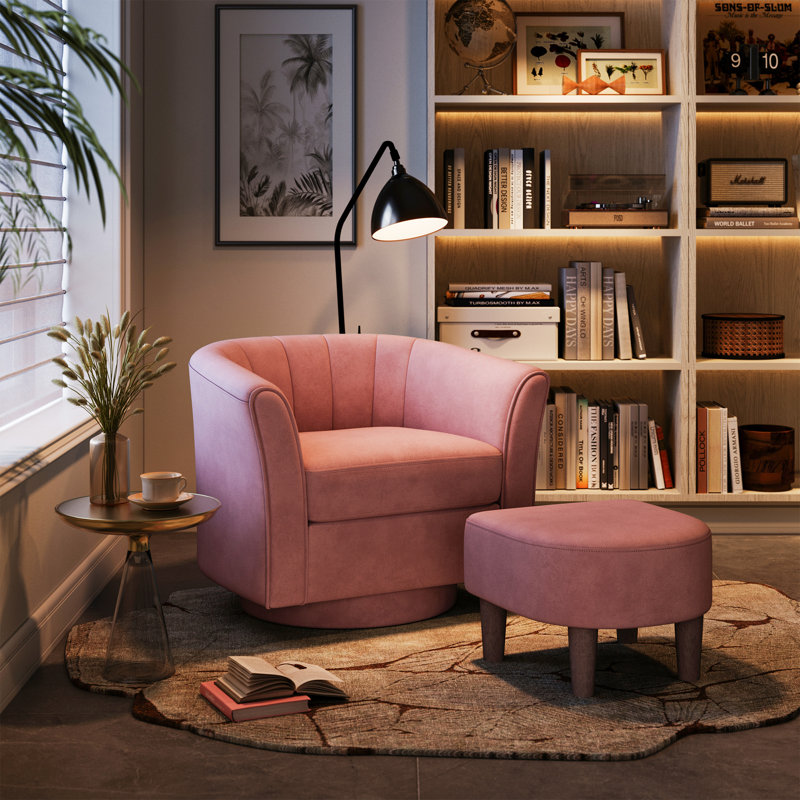 Torrence 27.4'' Upholstered Swivel Barrel Chair with Ottoman for Small Space, Capri Pink Velvet