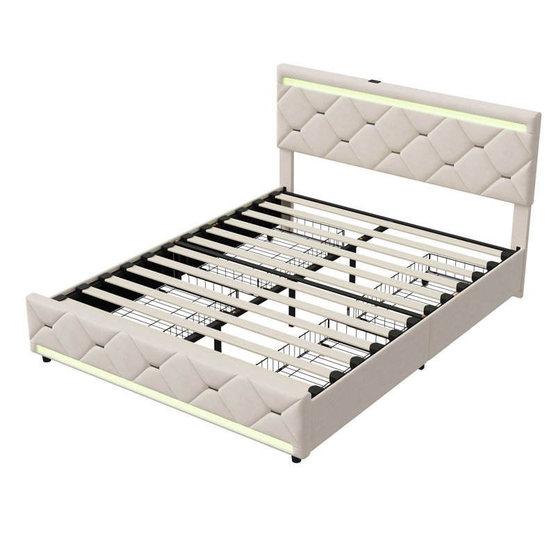 EU Double Velvet Upholstered Bed With 4 Drawers, Modern Storage Bed Frame With USB Ports & Dual LED Lights, Beige