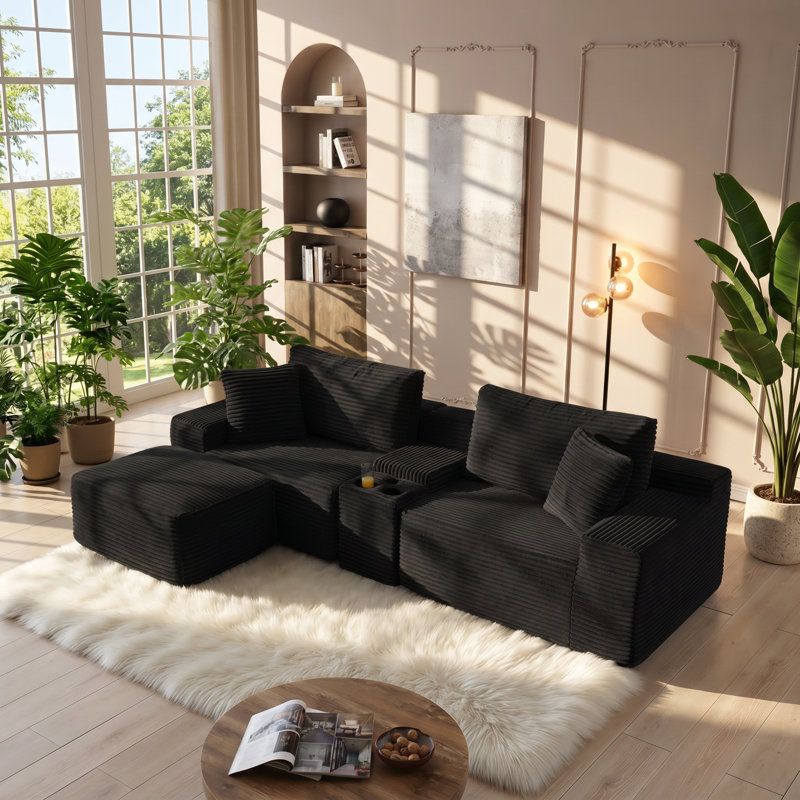 Canapé modulaire en velours côtelé 4 pièces l 111 po x P 63,41 po x H 35,4 po Everleigh, Black Corduroy