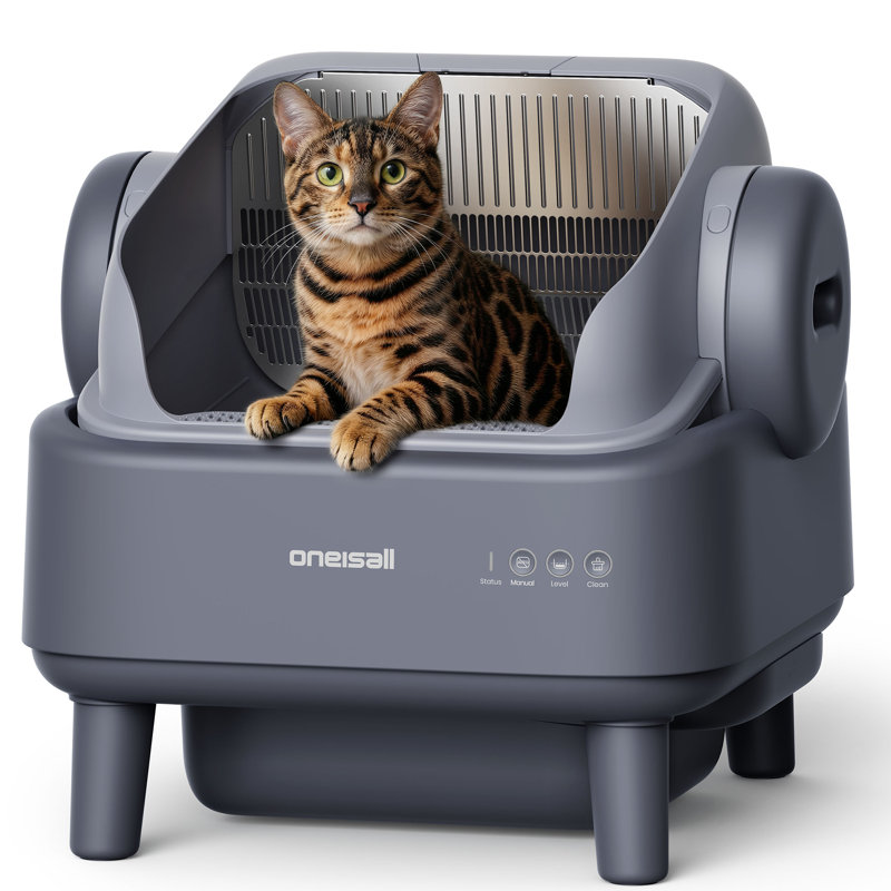Bac à litière autonettoyant Oneisall: couvercle ouvert, capteur de sécurité à 4 couches, doublure lavable facile à nettoyer, poubelle de 11 L, sacs de déchets 40 pièces avec tapis pour plusieurs chats