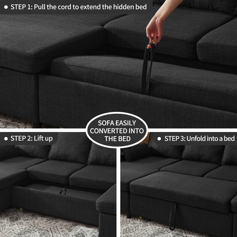 U-shape 2-in-1 Sleeper Sofa Pull-Out Couch with USB Charging, Gray Linen Blend