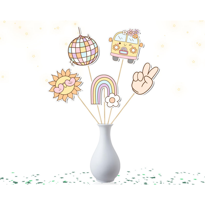 Groovy Table Centerpieces 5 pcs - 70s Hippie Party Decorations with Peace Sign, Rainbow, Disco Ball & Sun
