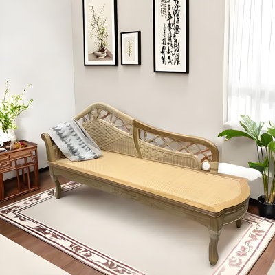 Natural solid wood carved rattan chaise lounge