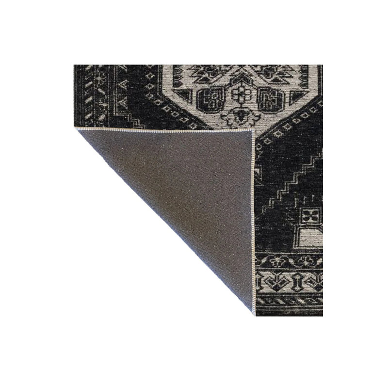 Black Traditional Checkered Floral Woven Base Washable Carpet, Rectangle 3'4" x 5'