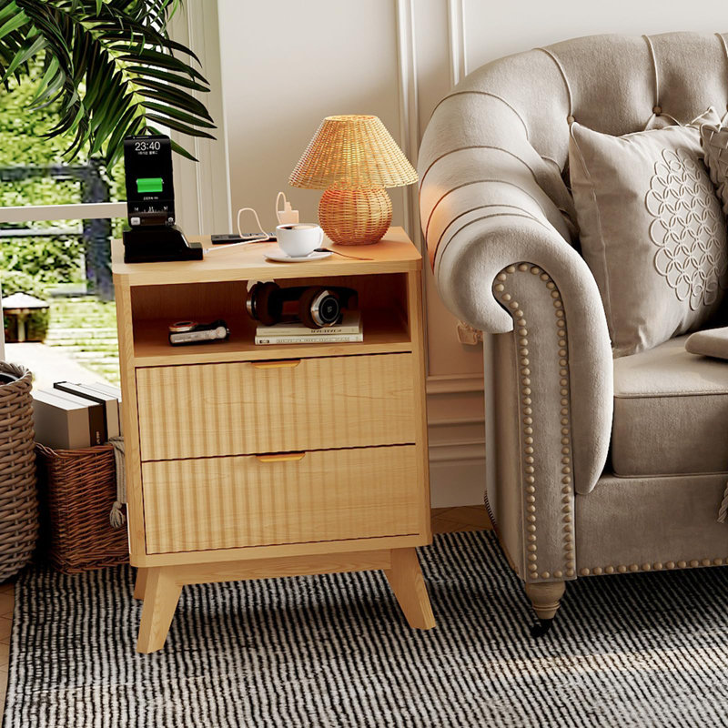 Fluted Nightstand Set with Charging Station,Bedside Table with 2 Storage Drawers,End Table with 2 Drawers, Brown, 2