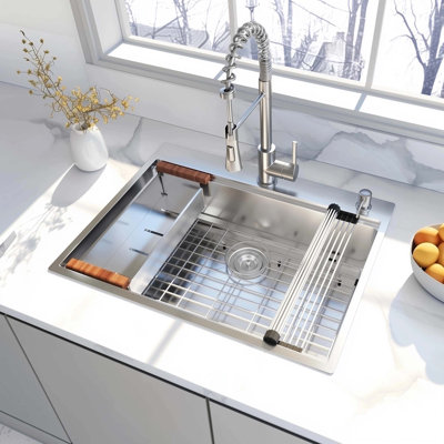 28 x 22 Drop In Stainless Steel Workstation Sink, 28 Inch 18-Gauge Stainless Steel Drop-In Kitchen Sink, Handmade Single Bowl Workstation R10 Rounded Corner kitchen Sink with Accessories, High Quality Stainless Steel