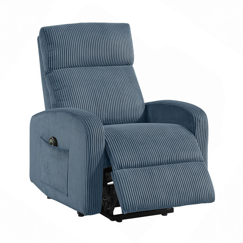Power Lift Chair Recliner 1Pc Plush Corduroy Upholstery Comfort Side Pocket Plywood Living Room Furniture, Blue