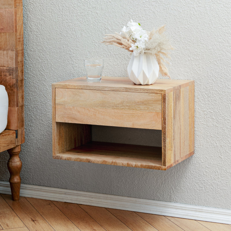 Halya Solid Wood Bedside Table Floating Nightstand, Natural