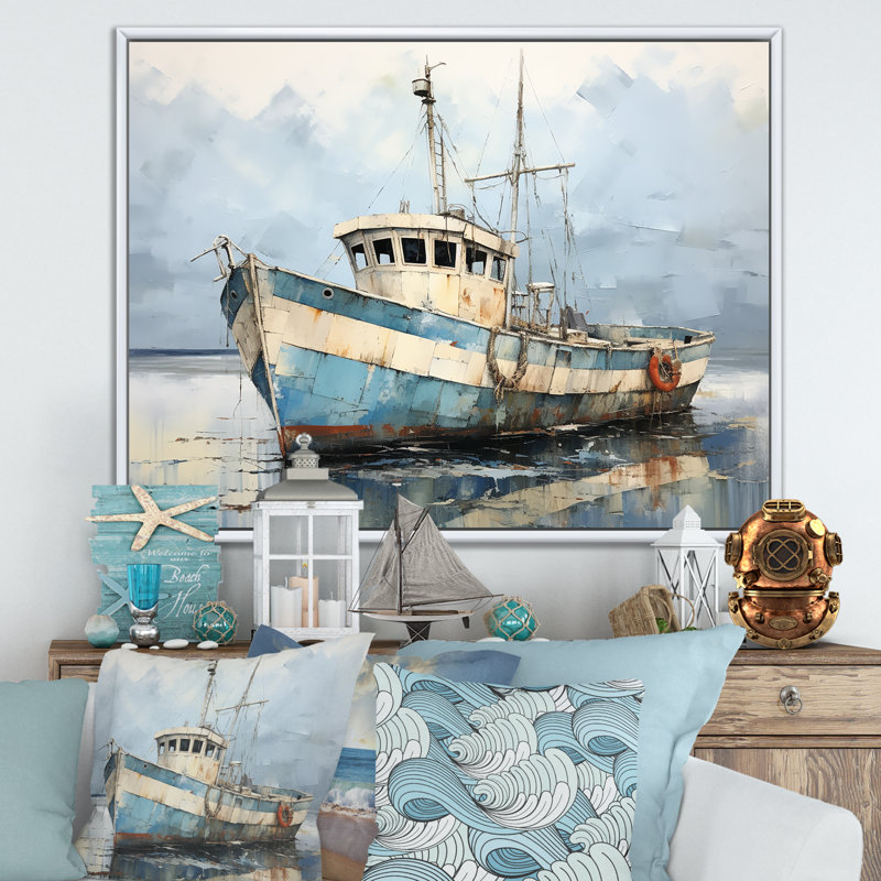 Bateau de pêche bleu et blanc - bateau côtier, art mural, H 30 po x l 40 po x P 1,5 po, Cadre flottant blanc