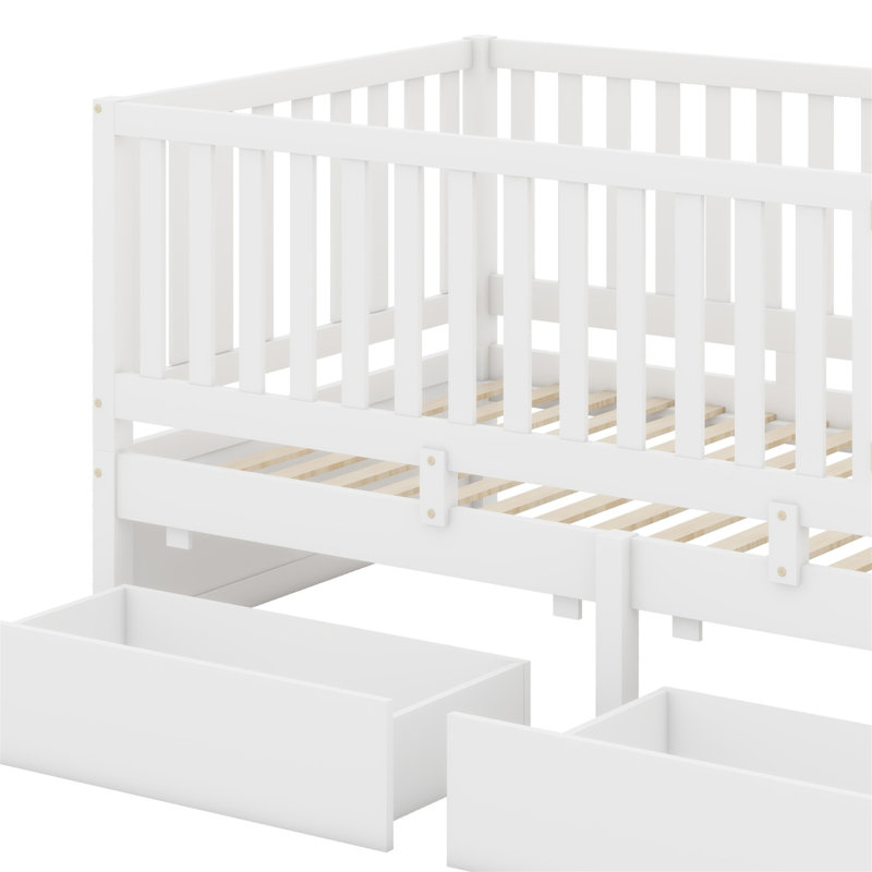 Wood Daybed With Fence Guardrails,Drawers And Split Into Independent Floor Bed, White, Full / Double