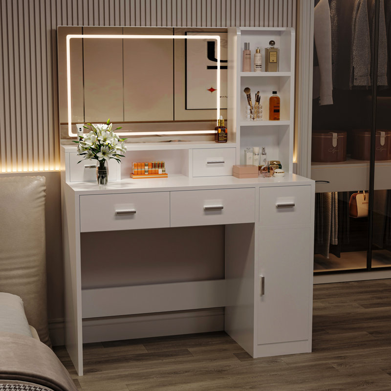 Coiffeuse blanche avec miroir lumineux à DEL 3 couleurs et prise de courant, coiffeuse avec tiroirs, boîte de rangement et tablette, coiffeuse avec tabouret de chambre
