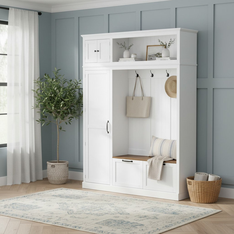 Hall Tree With Storage Bench, Entryway Organization, Side Cabinet And Drawers, Modern Farmhouse, Mudroom, White
