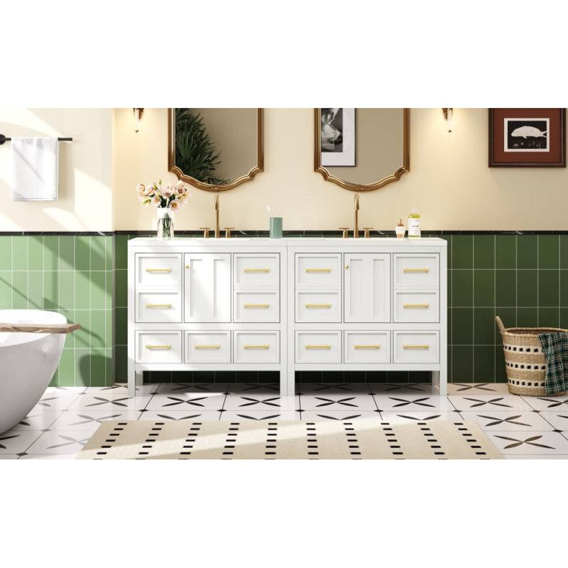 Ensemble de meuble-lavabo 72 po avec lavabo en résine, armoire de rangement en bois massif, ensemble de meuble-lavabo autoportant avec 5 tiroirs et portes à fermeture douce