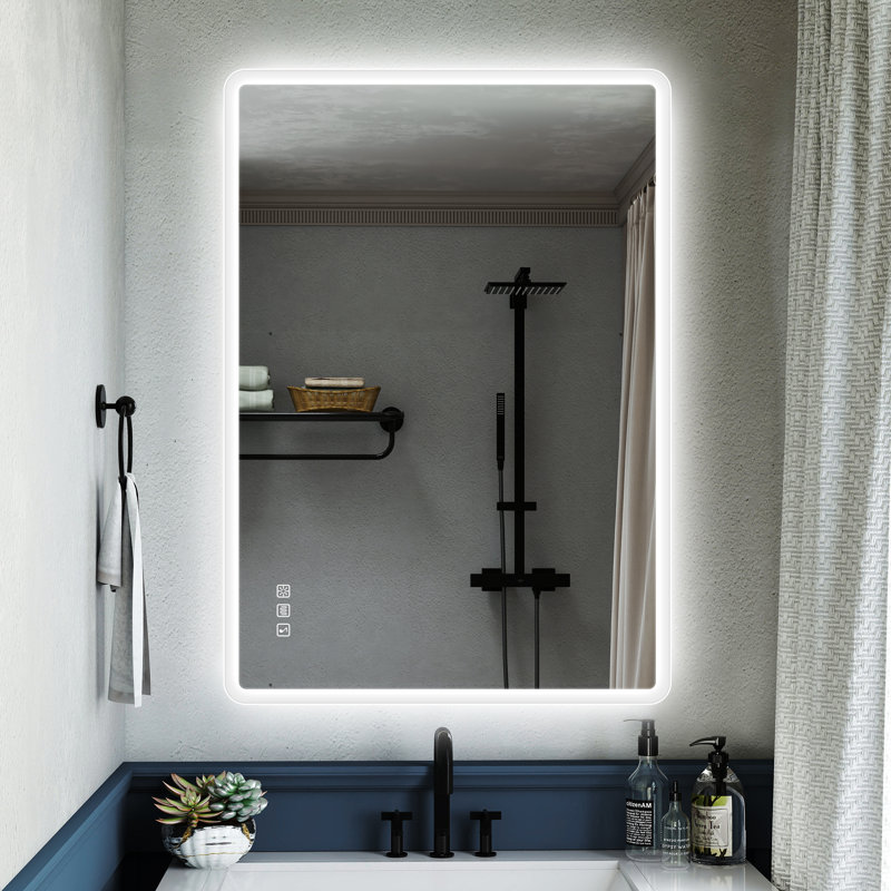 Modern Lighted Wall Mounted Bathroom Mirror in Clear, 70cm H x 100cm W