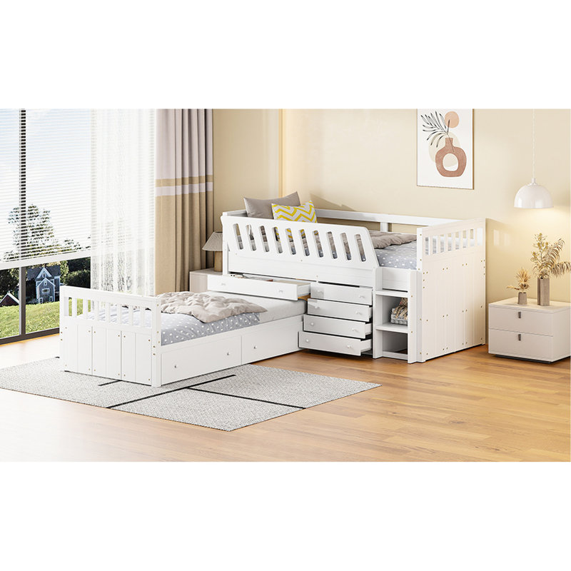 Lit mezzanine simple blanc et lit plateforme avec 7 tiroirs de rangement pratiques et garde-corps complets - Vos proches