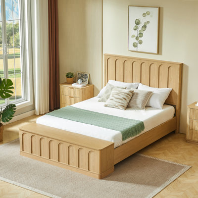 Lit Queen avec rangement hydraulique, plateforme en MDF imitation chêne, style moderne du milieu du siècle