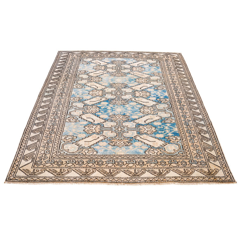 Tapis beige / bleu One-of-a-Kind 4 pi 6 po x 6 pi années 1990